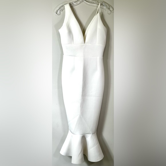 Plunge Asymmetrical Cami Ruffle Scuba Midi Dress